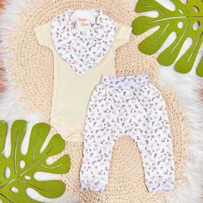 Conj. Body Manga Curta, Babador Bandana e Calça Dinossauros Babys - Off White e Areia